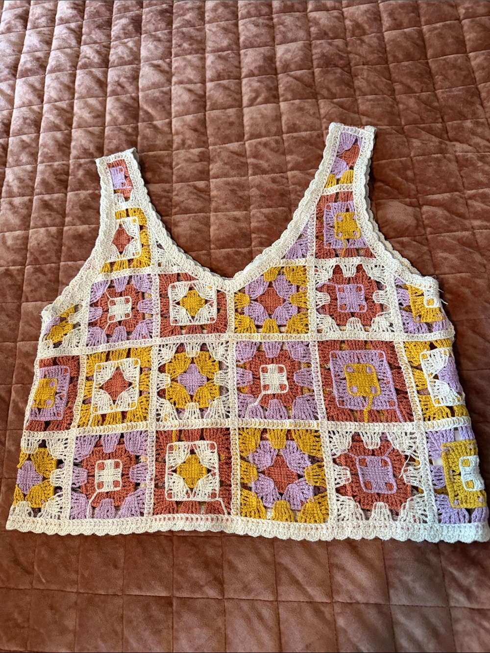 Rebellion Crochet Patchwork Tank Top in Cream, Lilac & Mustard Medium